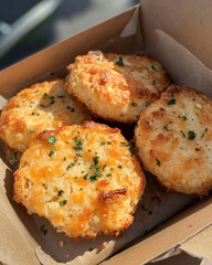 Fototapeta premium Four freshly baked cheese biscuits or buns with herbs, placed in a cardboard box 