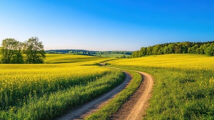 Obraz premium Winding country road through vibrant rapeseed field, sunny day, rolling hills