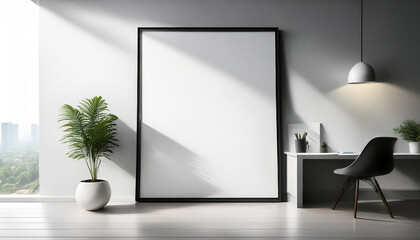 A clean and contemporary photograph showcasing a large, framed poster mockup leaning against a textured wall in a modern office setting