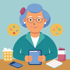 An old woman, an elderly woman is sitting at the table