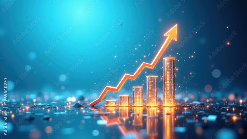 Poster financial growth digital illustration with upward trend line graph elements on cityscape background 