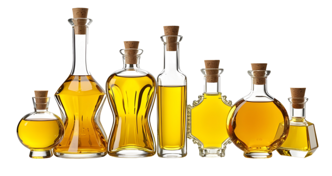 
bottles of golden oil different shapes corked white background