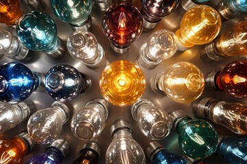 A collection of vintage-style light bulbs in various colors and shades, arranged in a circular pattern.