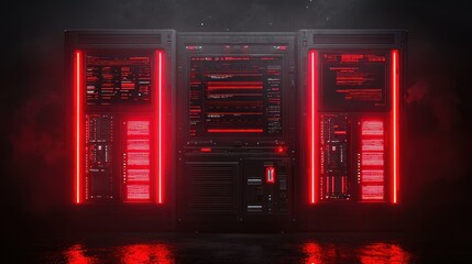 Futuristic servers glow red in dark room; data processing