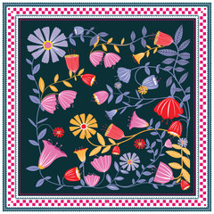 Square floral scarf print pattern with colorful flowers and leaves on a dark green background