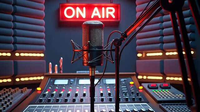 Professional podcast studio with on-air microphone, soundproof panels, and neon lighting
