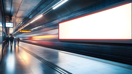 Empty Subway Station Platform at Night with Blank Advertisement