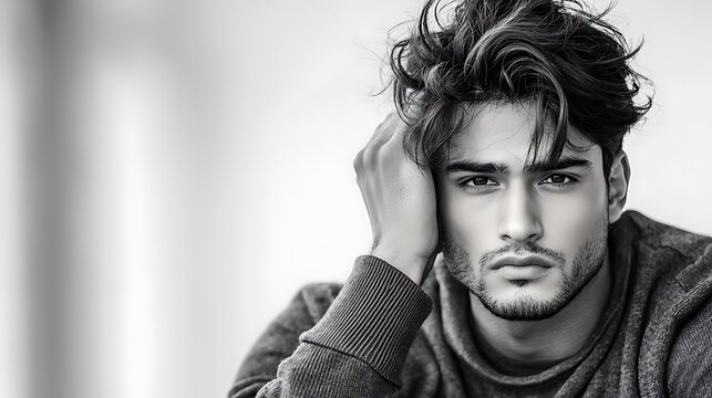 Fototapeta Highly detailed monochrome street photography of a Black queer individual sitting in a contemporary coffee shop, hiding their face with a blank page. Moody shadows and dynamic contrast. Ultra-Realisti