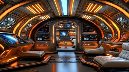 Futuristic spaceship bridge interior; crew lounge; orange lighting; starship background; sci-fi film
