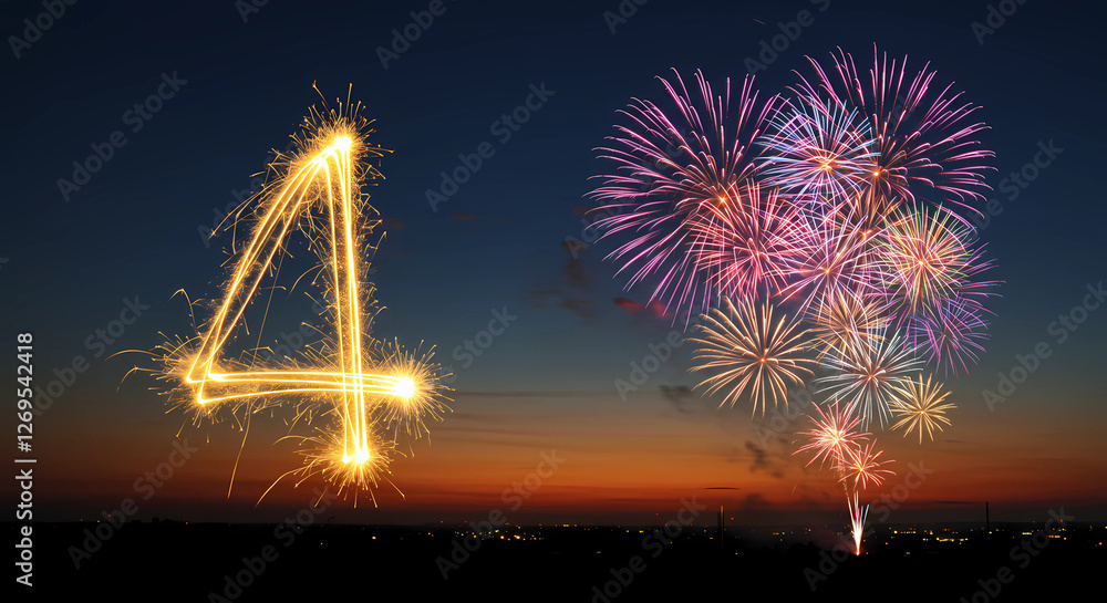 Poster number four in golden yellow made of fireworks. with a cluster of colorful fireworks exploding in th