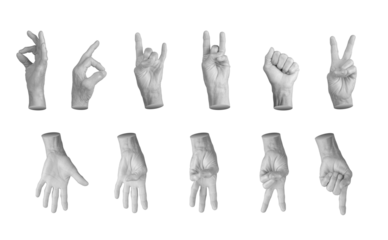 Set of elderly female hands making various gestures, including thumbs up, OK sign, peace sign, counting numbers, and clenched fist. Wrinkled fingers emphasizing age, expression, and diversity.