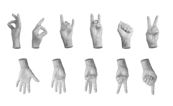 Set of elderly female hands making various gestures, including thumbs up, OK sign, peace sign, counting numbers, and clenched fist. Wrinkled fingers emphasizing age, expression, and diversity.