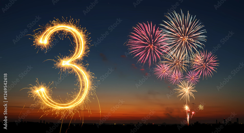 Poster number three in golden yellow made of fireworks. with a cluster of colorful fireworks exploding in t