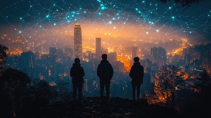 Fototapeta premium Three figures overlook a cityscape illuminated by a digital network, symbolizing connectivity.