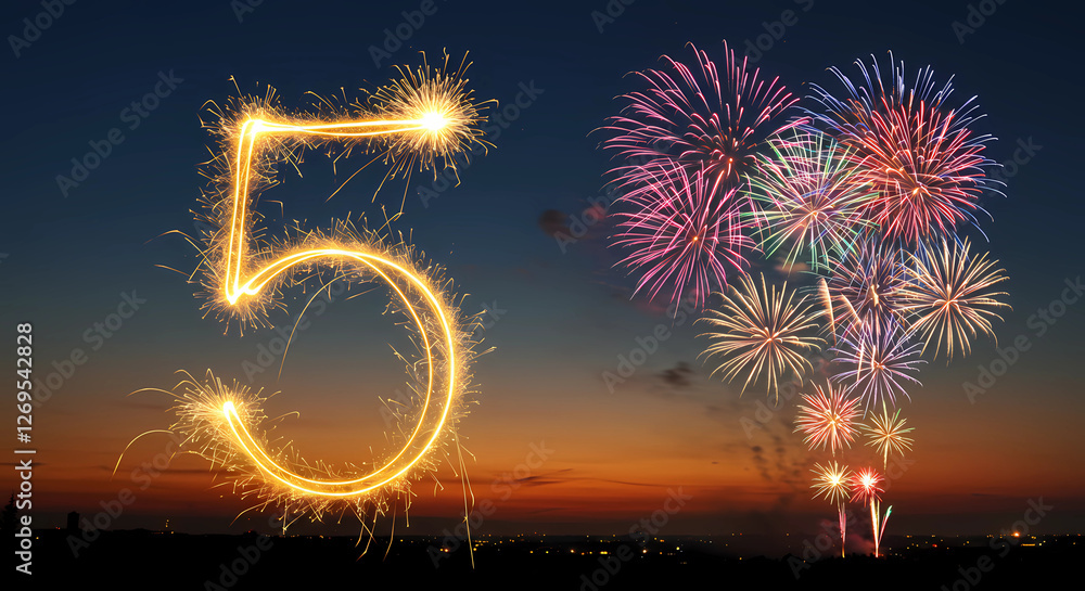 Poster number five in golden yellow made of fireworks. with a cluster of colorful fireworks exploding in th