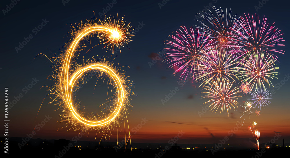 Poster number six in golden yellow made of fireworks. with a cluster of colorful fireworks exploding in the