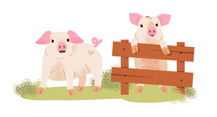 Little playful piglets near the fence. Farm cute animals. Flat vector illustration. © vik.stock