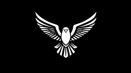 Symbolic soaring eagle, black background, graphic design, stock photography