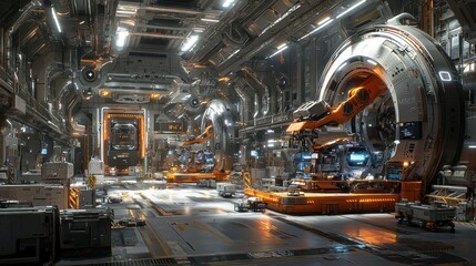 Futuristic spaceship hangar, robotic maintenance, orange machinery, metallic walls, Sci-Fi setting