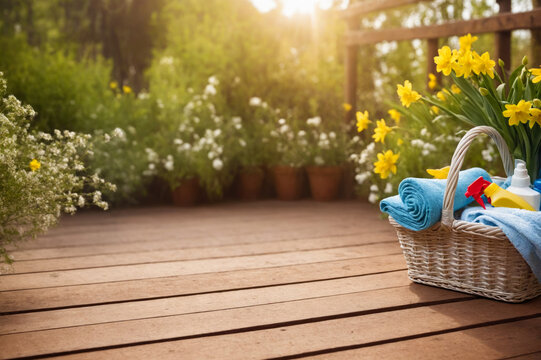 Wicker basket with cleaning supplies, plastic spray bottles and microfiber cloth on wooden terrace. Housework, house chores, cleaning service, spring or fall cleaning background for banner or poster.	