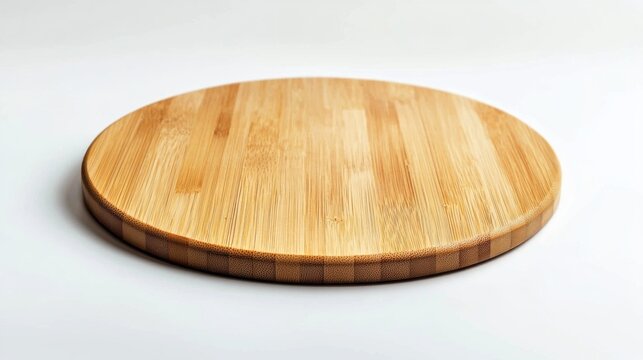 A round wooden pizza board suddenly tumbles off a countertop, creating a gentle yet dramatic moment. Light reflects off its smooth surface, capturing the essence of kitchen life