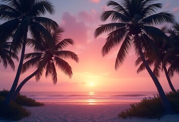 Generative AI sunset on a tropical beach with palm trees and serene pastel colors