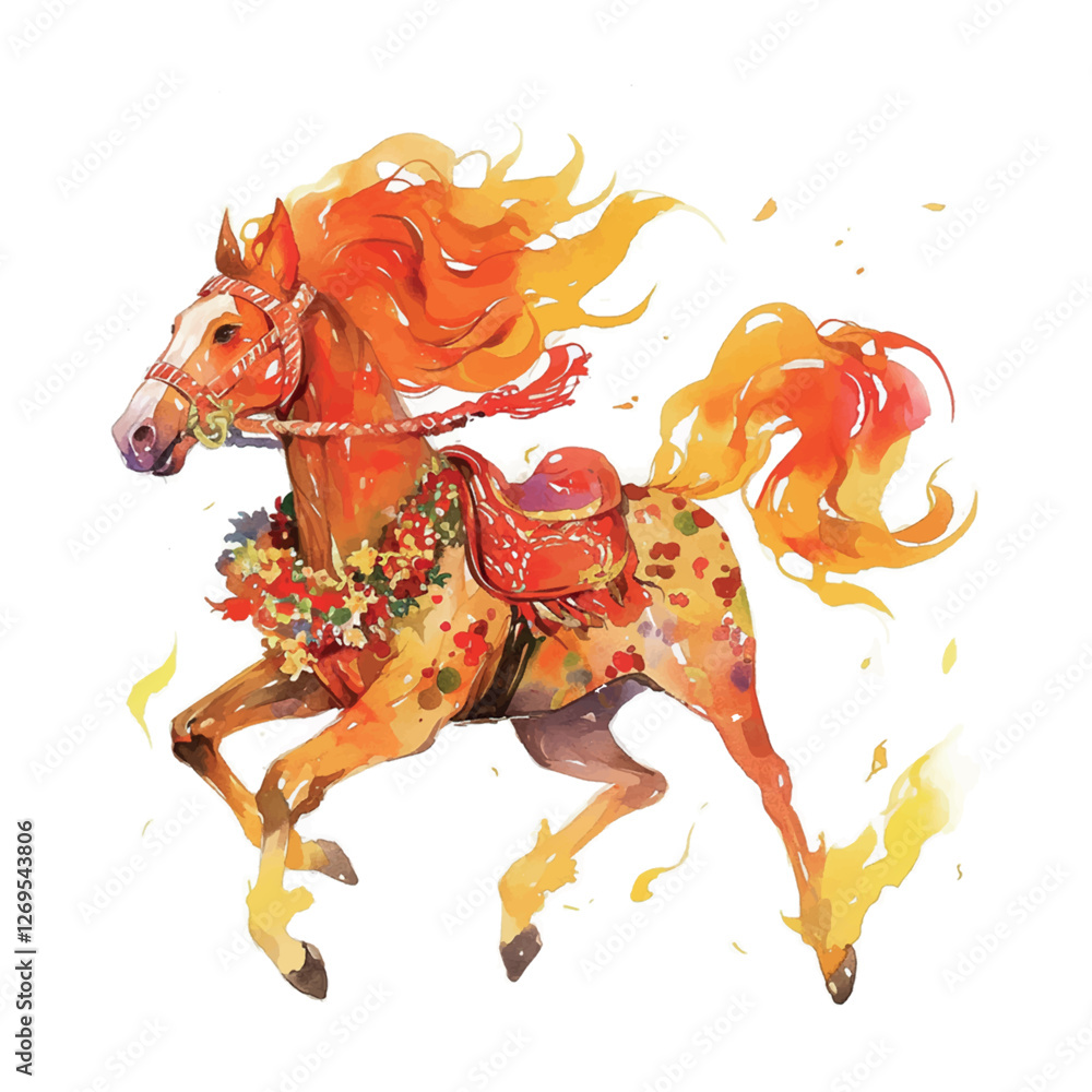 Poster a unicorn with a crown of flowers on its head and a star on its mane. the unicorn is running through
