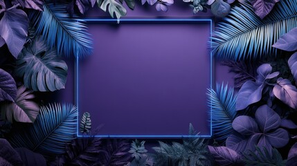 Purple background with blue neon frame surrounded by tropical leaves and modern neon light design