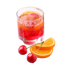Cherry fruit juice Two orange slices Two cherry fruits in a clear glass