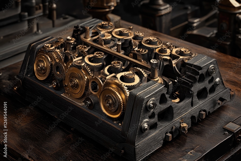 Poster intricate clockwork mechanism with gold gears displayed on dark wood.