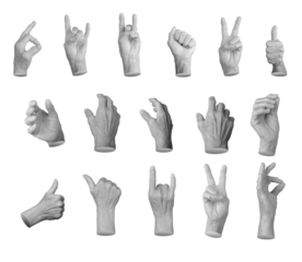 Set of elderly female hands making various gestures, including thumbs up, peace sign, OK symbol, clenched fist, grabbing, pinching, and reaching. Wrinkled fingers emphasizing age, expression, and