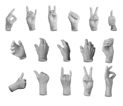 Set of elderly female hands making various gestures, including thumbs up, peace sign, OK symbol, clenched fist, grabbing, pinching, and reaching. Wrinkled fingers emphasizing age, expression, and