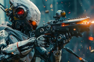 Futuristic Robot Warrior Aiming with High-Tech Weapon System in Action