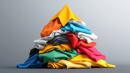 A pile of folded fabric and a mountain of used clothing stacked against a landscape backdrop