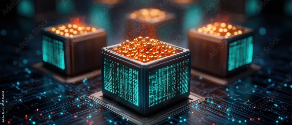Poster computer processor surrounded by gold coins and digital chests filled with cyber currency and data