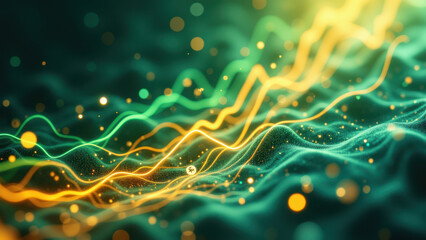 Naklejka premium Financial growth visualization with a vibrant abstract background featuring neon-colored lines and particles.