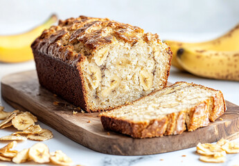 Moist and Fluffy Banana Bread Loaf, Partially Sliced, Resting on a Wooden Board