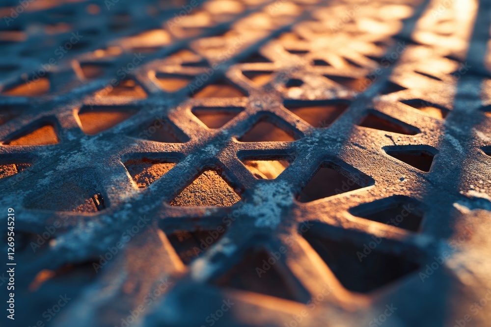 Aufkleber close-up view of a textured metallic surface with triangular cutouts, illuminated by warm light.