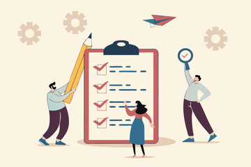 Checklist to complete project task, accomplish work checkmark, todo list clipboard or project status report, plan to finish work concept, business people holding pencil complete task checkbox.