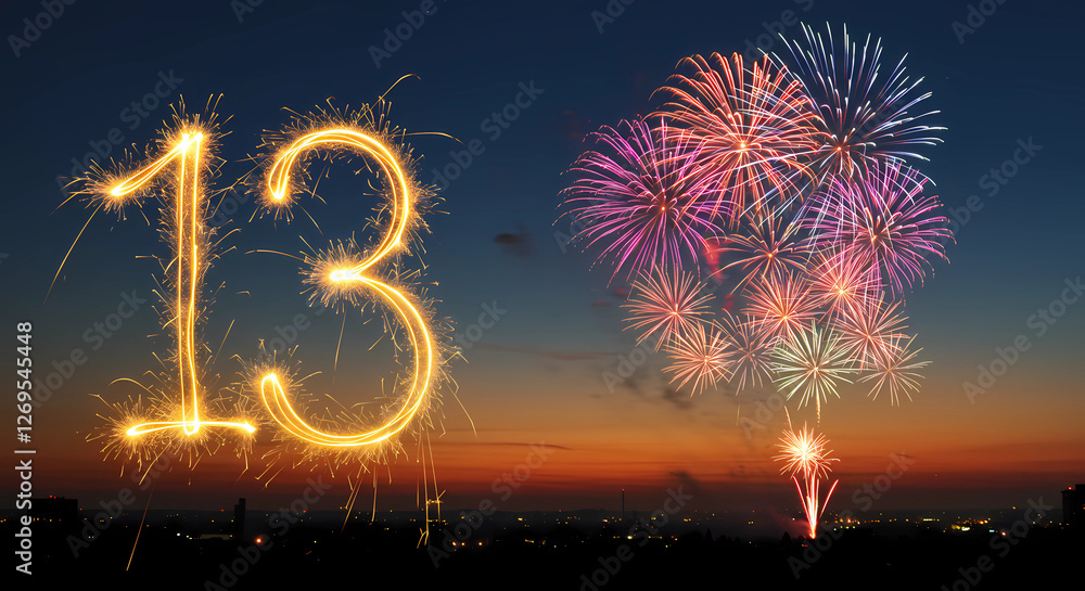 Poster number thirteen in golden yellow made of fireworks. with a cluster of colorful fireworks exploding i
