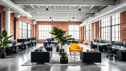 A modern open office space designed in an industrial loft style, featuring exposed white ceiling beams and large windows that flood the room with natural light.