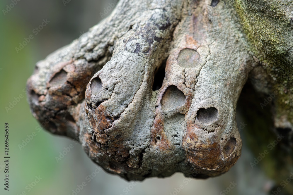 Aufkleber close-up of weathered tree branch with holes, showing texture and decay.