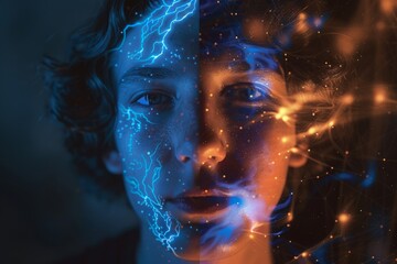 Youthful Face with Electric Energy and Colorful Light Effects