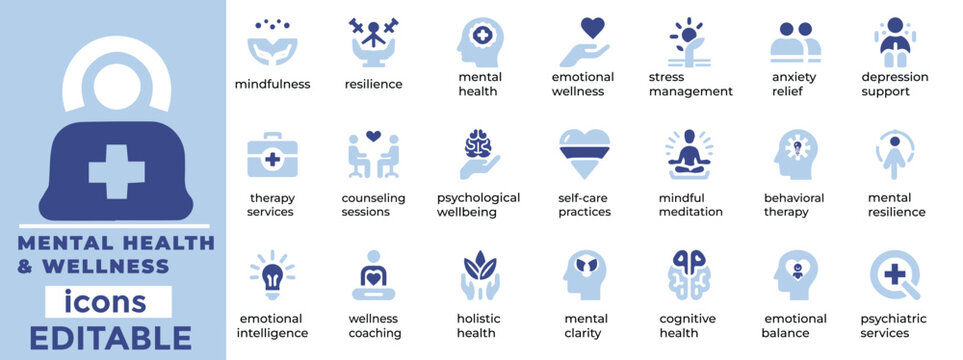Editable Mental Health and Wellness Vector Icons perfect for therapy, self care, mindfulness and well being. Clean and modern