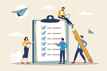Checklist to complete project task, accomplish work checkmark, todo list clipboard or project status report, plan to finish work concept, business people holding pencil complete task checkbox.