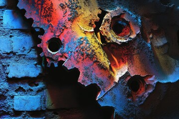 Abstract close-up of vibrant, rusty gears against a textured blue brick wall.