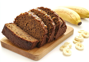 Warm and Soft Banana Bread Slices Resting on a Wooden Board, White Background
