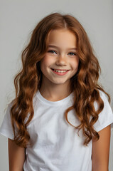 Fototapeta premium Portrait of smiling young girl, teen, red long wavy hair, wearing white t-shirt. Isolated in white background (2)