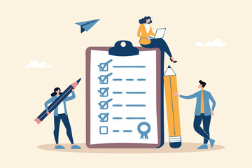Checklist to complete project task, accomplish work checkmark, todo list clipboard or project status report, plan to finish work concept, business people holding pencil complete task checkbox.