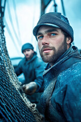 Fototapeta premium Man in winter clothes working with fishing nets. Maritime labor concept
